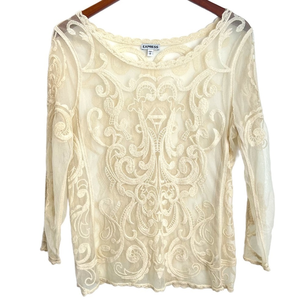 Express Embroidered Mesh Ivory Boho Blouse